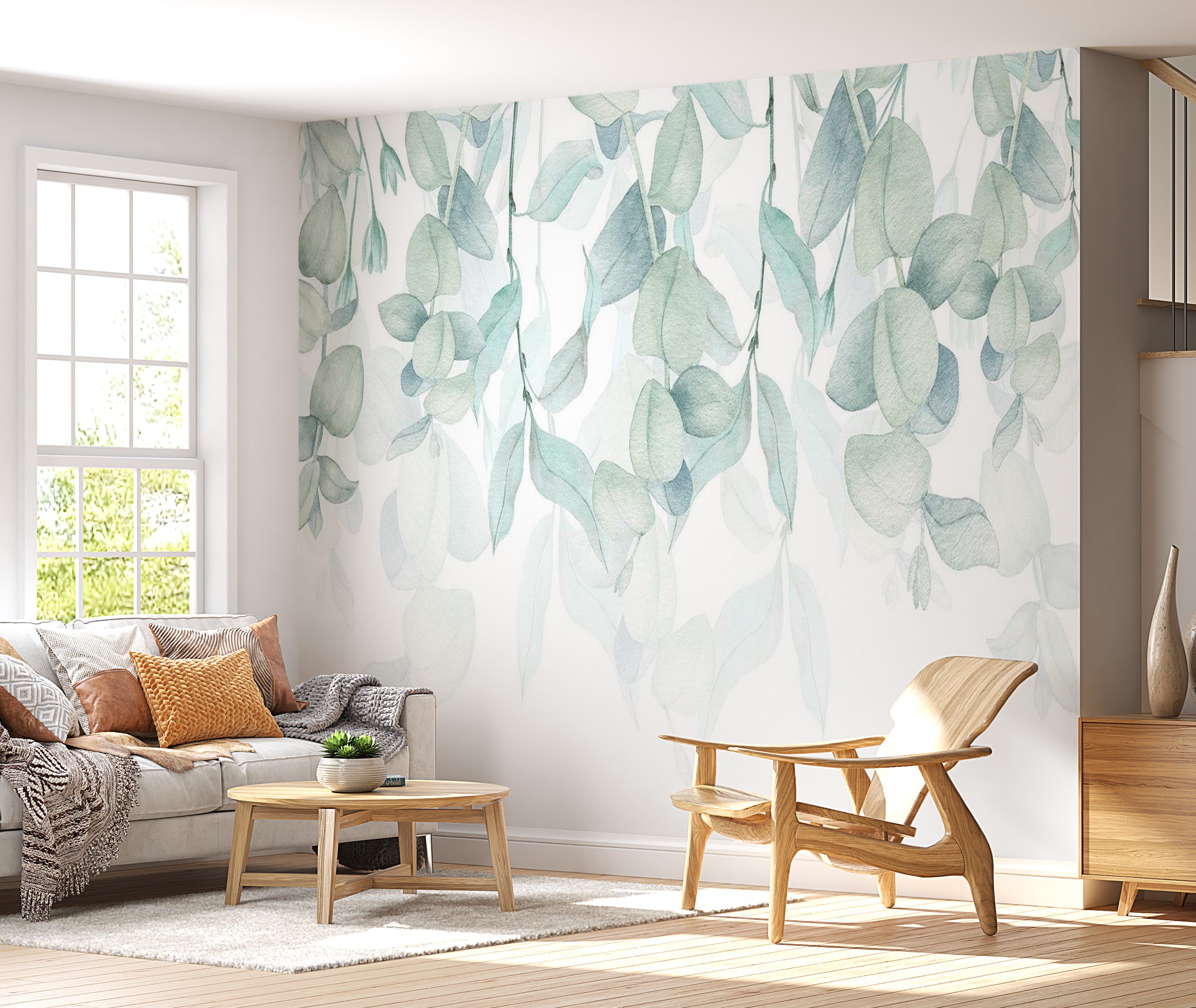 Botanical Wallpaper Wall Mural - Pastel Watercolor Leaves