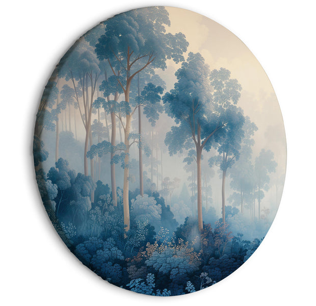 Round Canvas Print - Landscape with Trees in Illustrative Style Fairy-Tale Blue Forest