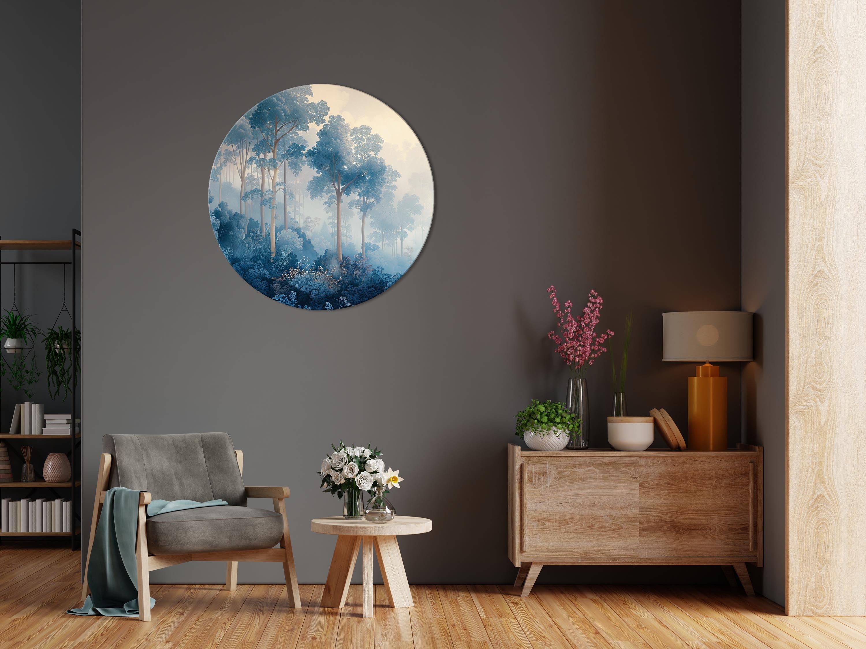 Round Canvas Print - Landscape with Trees in Illustrative Style Fairy-Tale Blue Forest