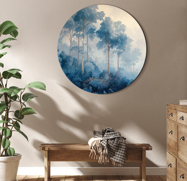 Round Canvas Print - Landscape with Trees in Illustrative Style Fairy-Tale Blue Forest