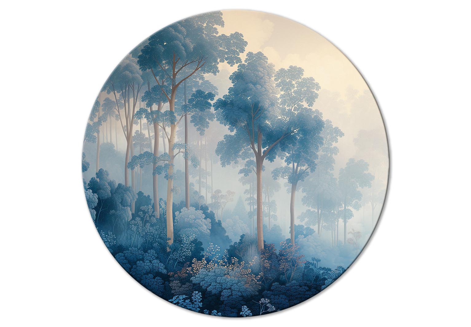 Round Canvas Print - Landscape with Trees in Illustrative Style Fairy-Tale Blue Forest