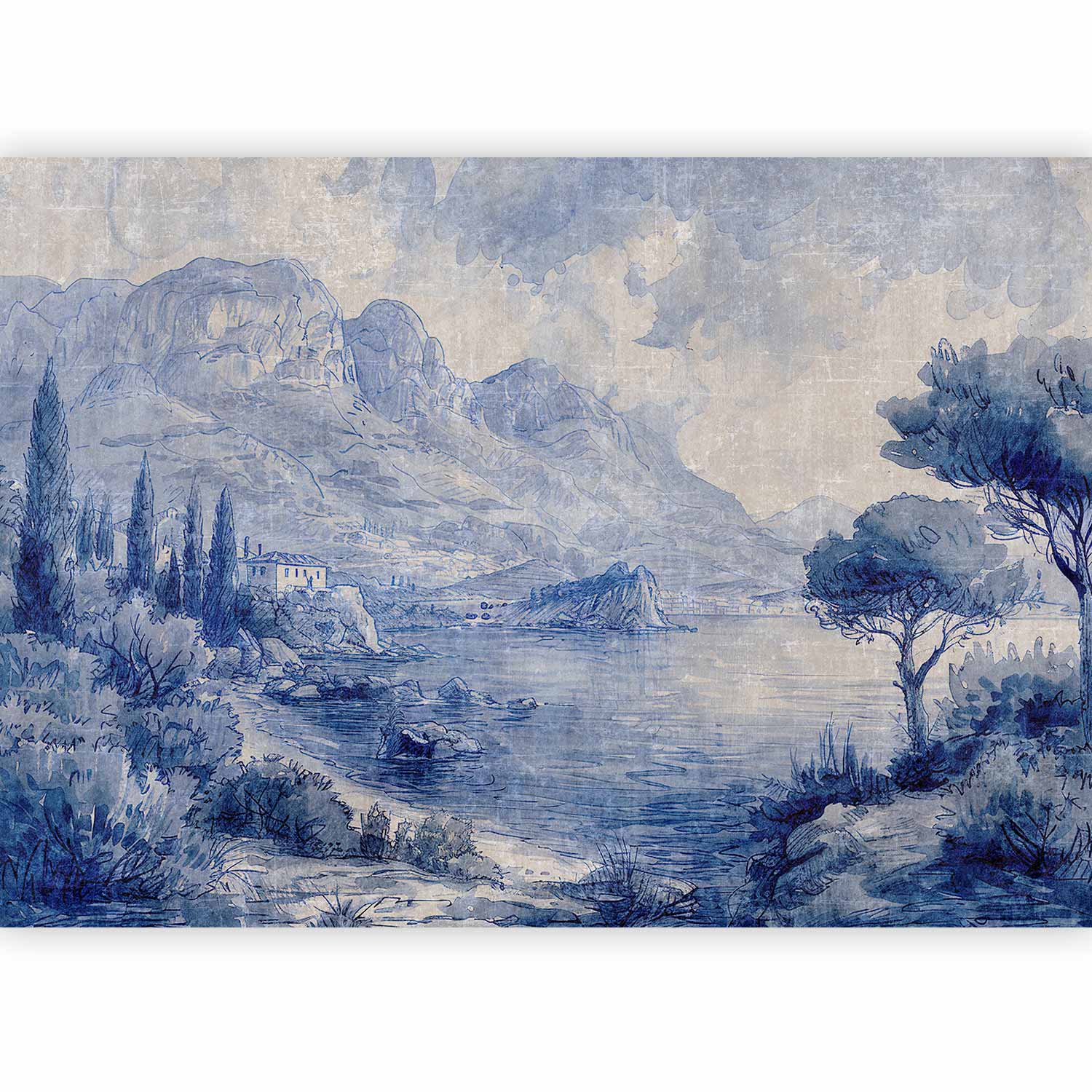 Premium Landscape Wall Mural - Blue Bay - Italian Landscape Of Lake Como Painted With Blue Ink