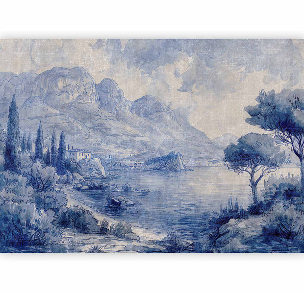 Premium Landscape Wall Mural - Blue Bay - Italian Landscape Of Lake Como Painted With Blue Ink