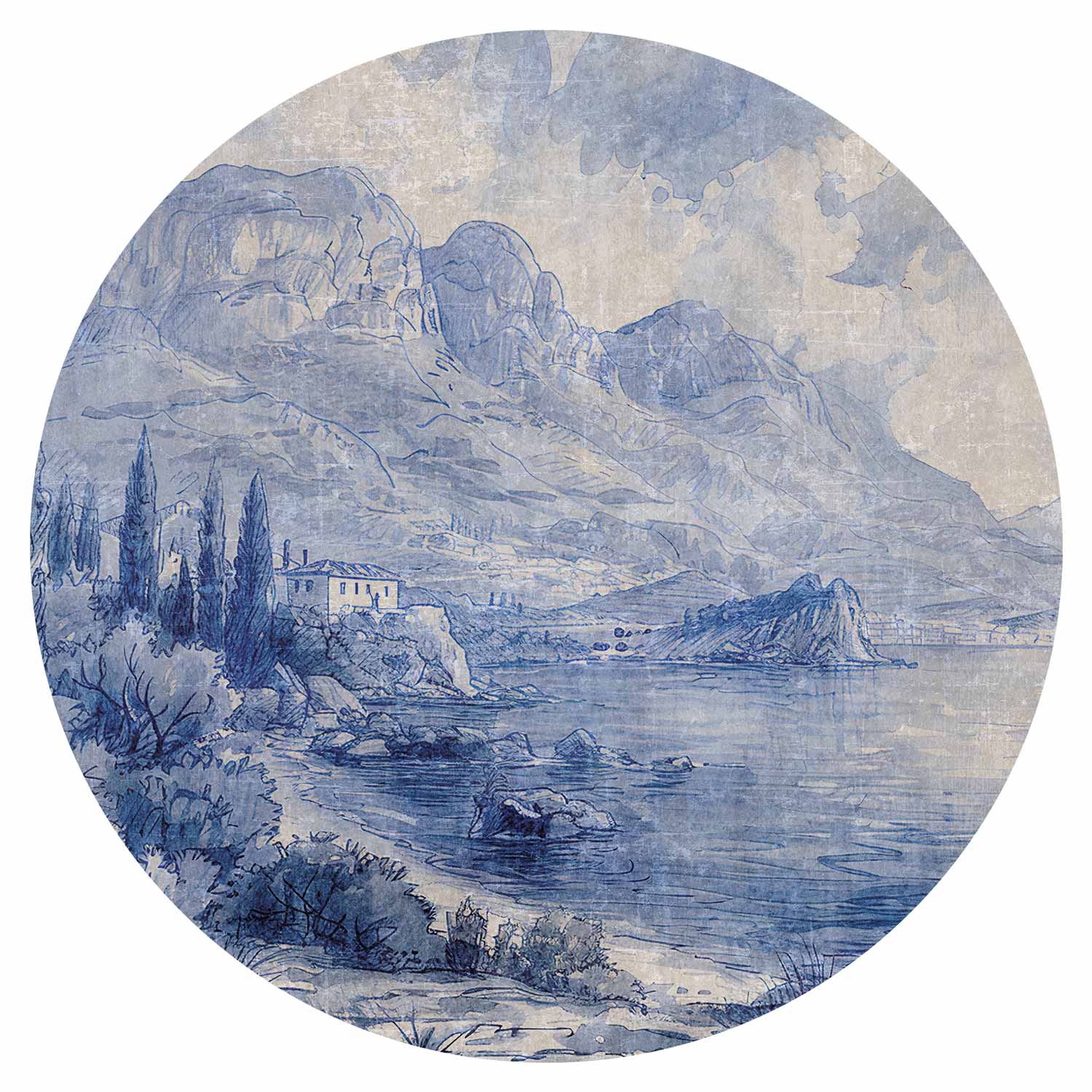 Round Wall Mural - Blue Bay - Italian Landscape Of Lake Como Painted With Blue Ink