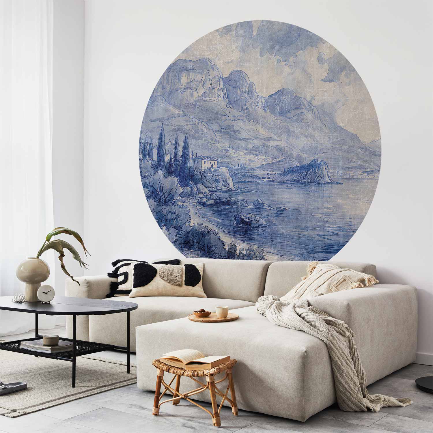 Round Wall Mural - Blue Bay - Italian Landscape Of Lake Como Painted With Blue Ink