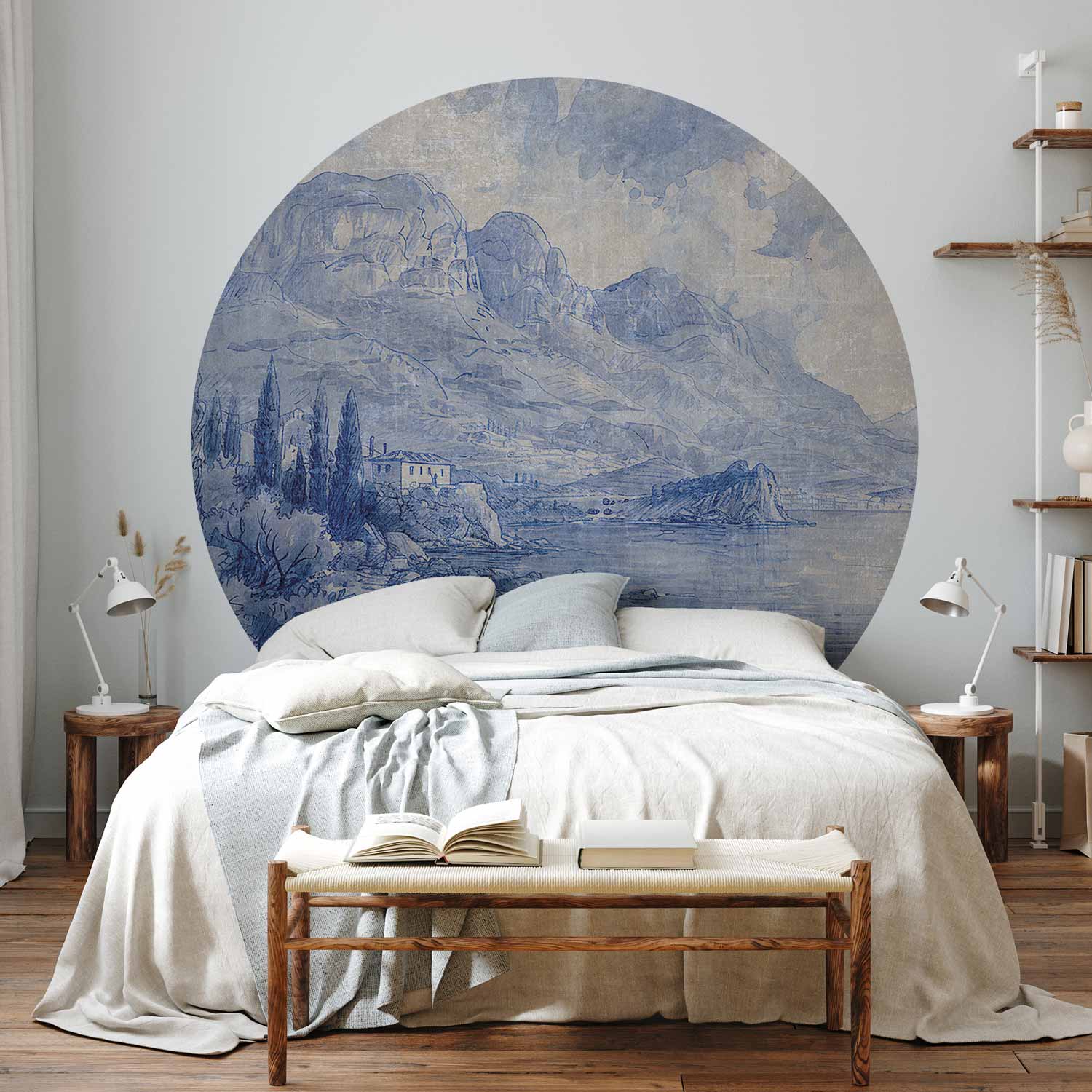 Round Wall Mural - Blue Bay - Italian Landscape Of Lake Como Painted With Blue Ink