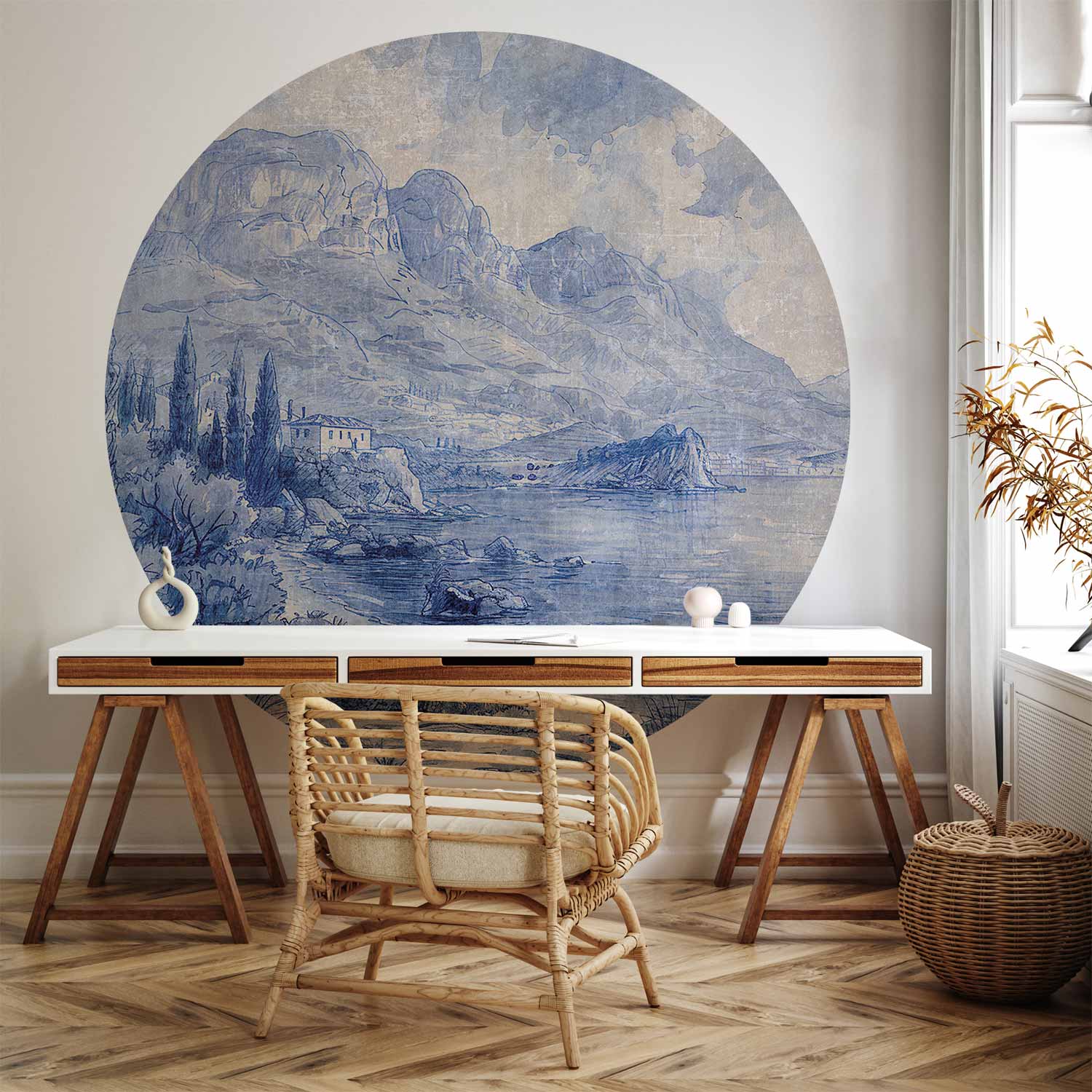 Round Wall Mural - Blue Bay - Italian Landscape Of Lake Como Painted With Blue Ink