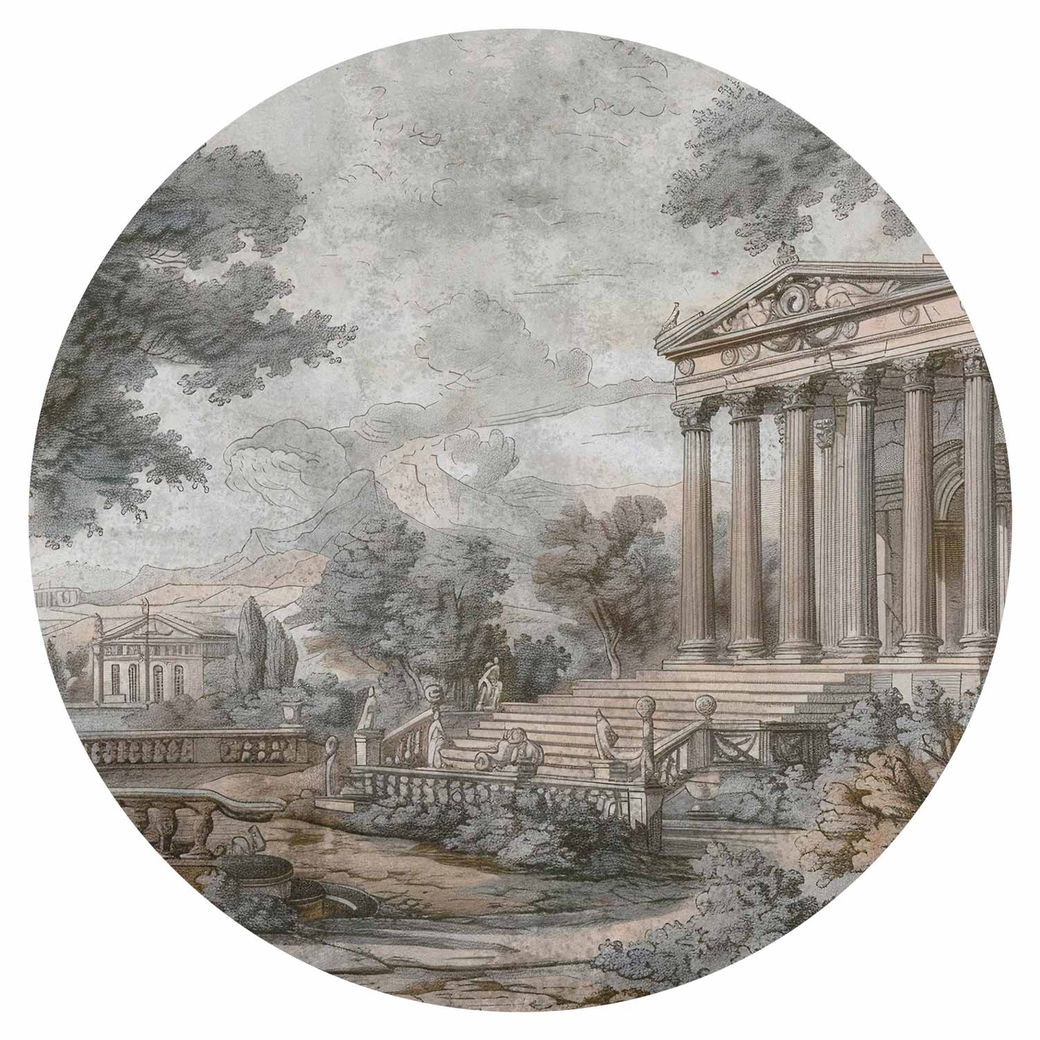 Round Wall Mural - Temple On A Hill - Greek Architecture In Subdued Colours