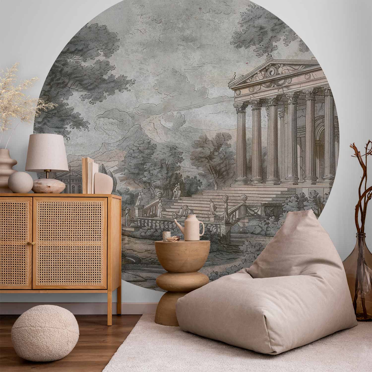 Round Wall Mural - Temple On A Hill - Greek Architecture In Subdued Colours