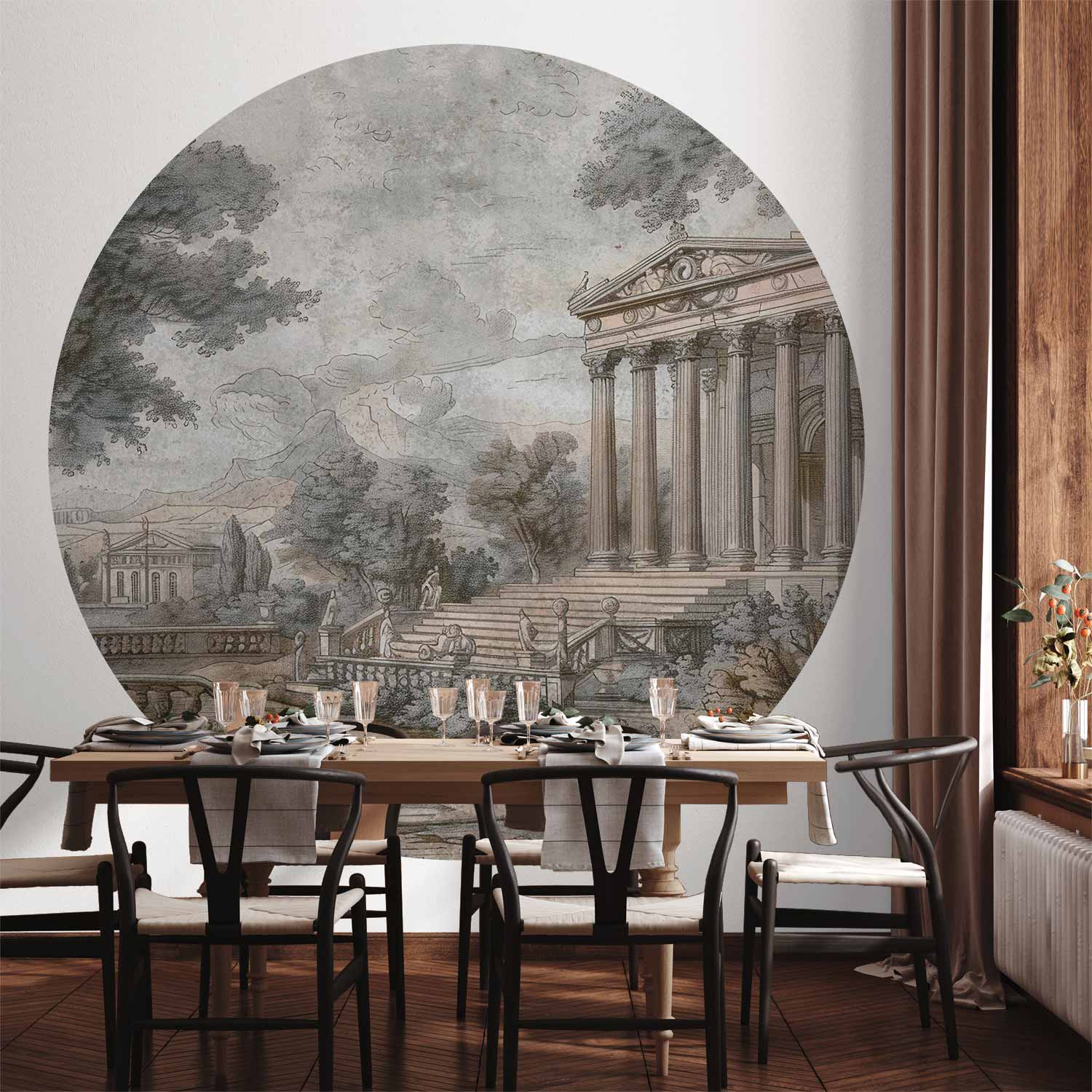 Round Wall Mural - Temple On A Hill - Greek Architecture In Subdued Colours