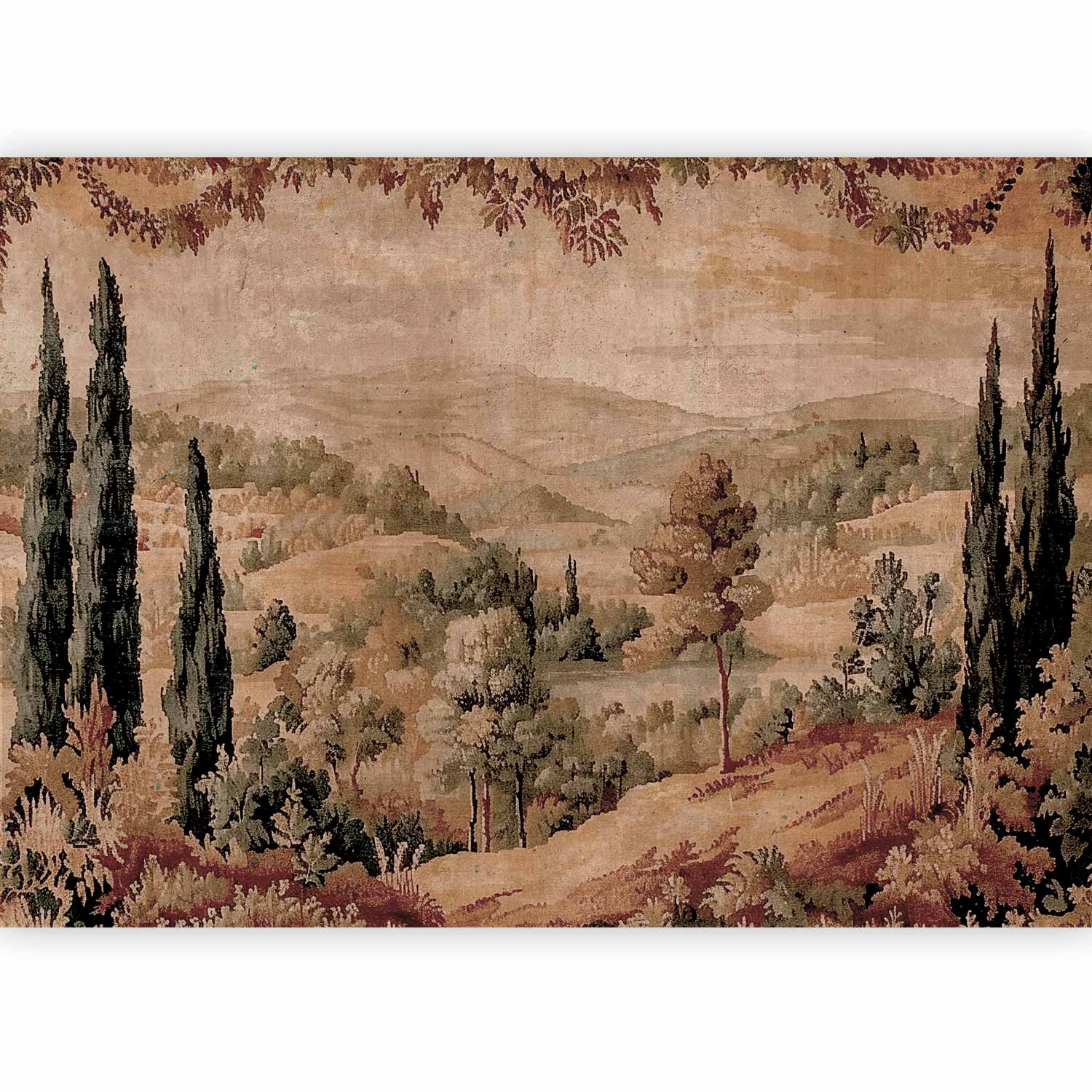 Premium Landscape Wall Mural - Mediterranean Landscape - Old Tapestry With A Hill And A Lake