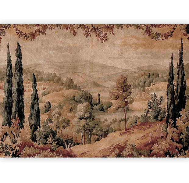 Premium Landscape Wall Mural - Mediterranean Landscape - Old Tapestry With A Hill And A Lake