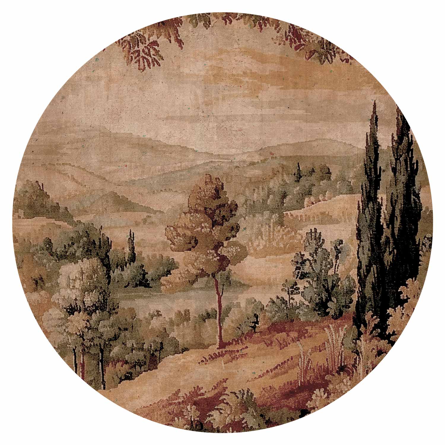 Round Wall Mural - Mediterranean Landscape - Old Tapestry With A Hill And A Lake