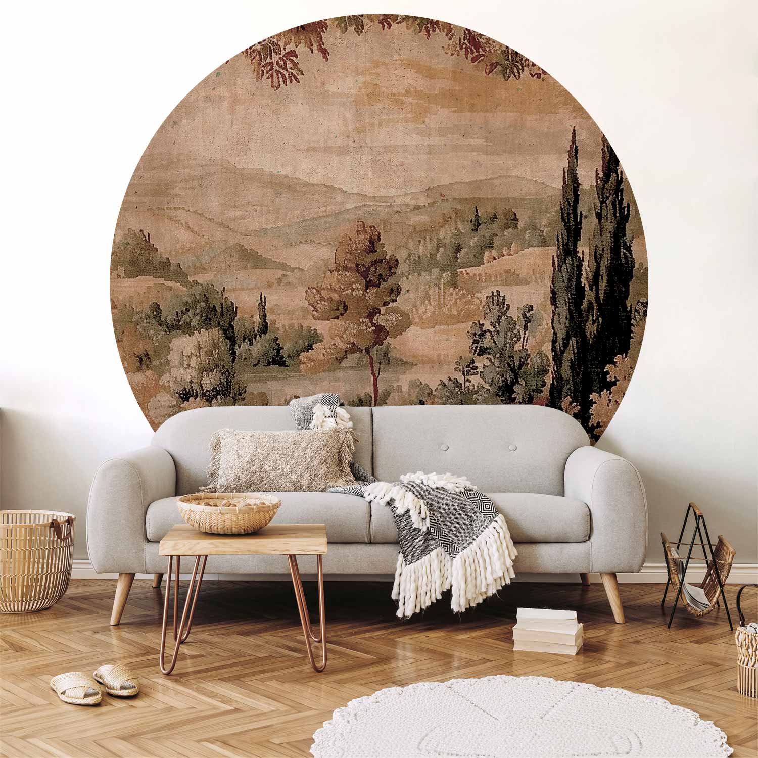 Round Wall Mural - Mediterranean Landscape - Old Tapestry With A Hill And A Lake