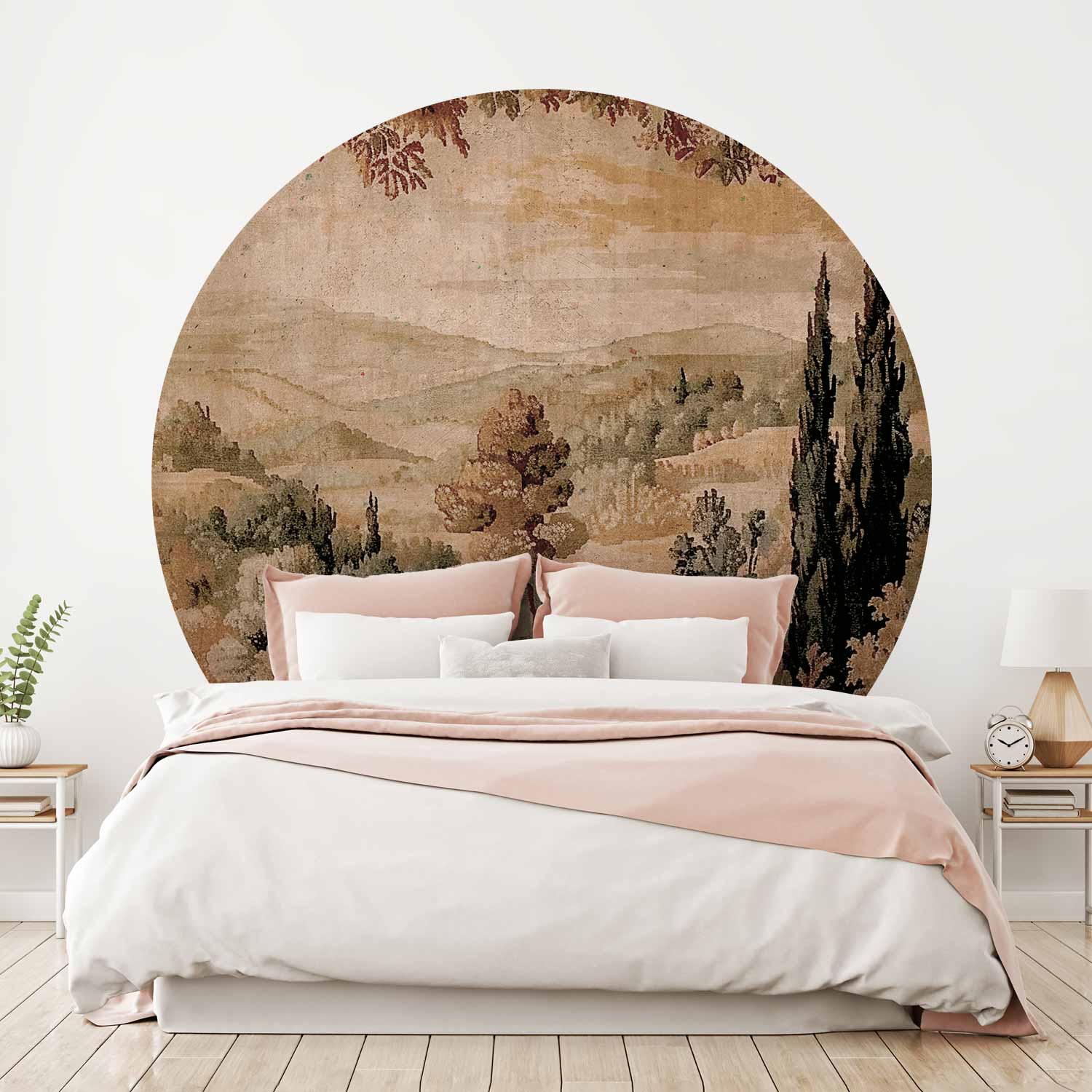 Round Wall Mural - Mediterranean Landscape - Old Tapestry With A Hill And A Lake