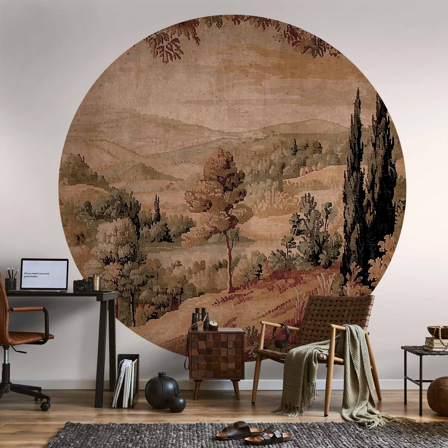 Round Wall Mural - Mediterranean Landscape - Old Tapestry With A Hill And A Lake
