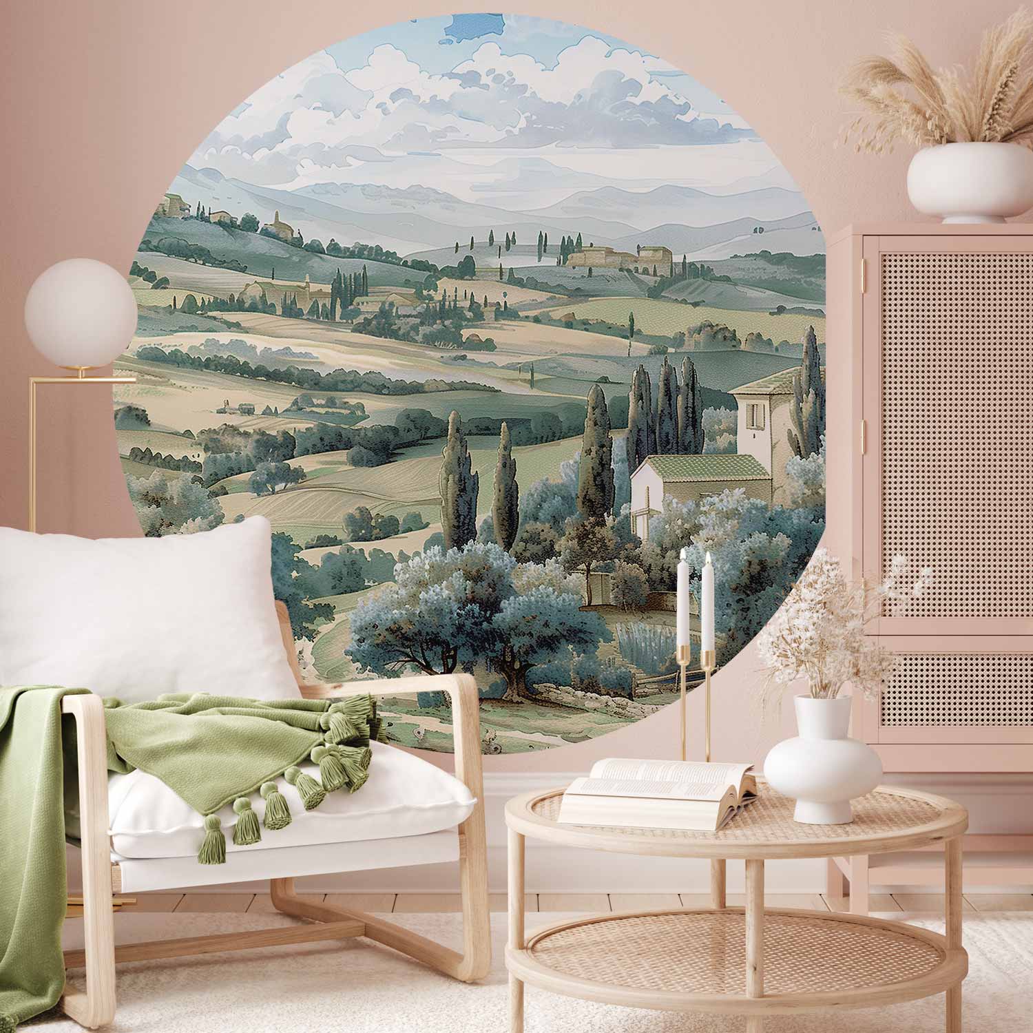 Round Wall Mural - Landscape With Sunny Green Fields