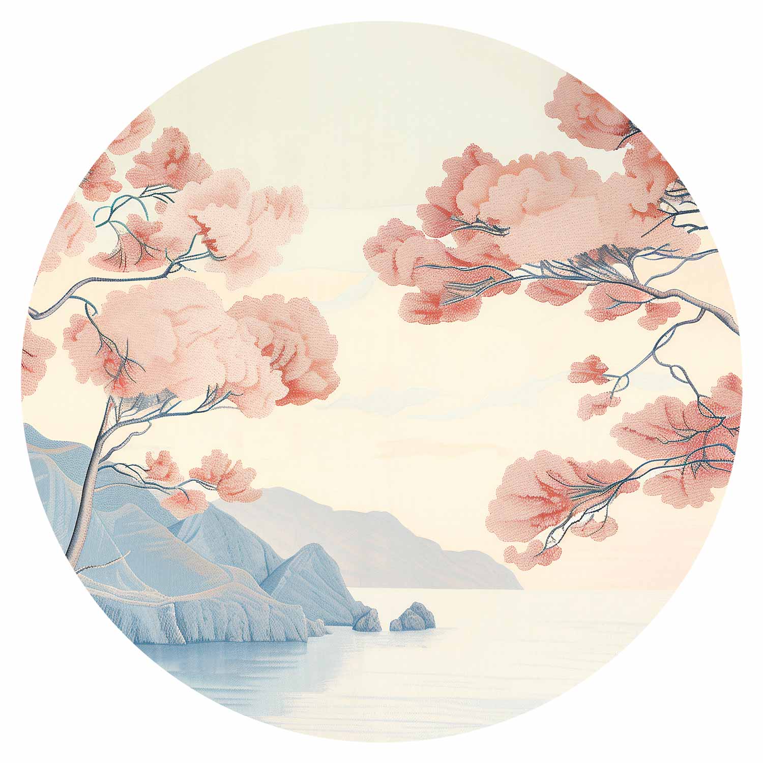 Round Wall Mural - Ocean, Cliffs And Trees, A Delicate Motif In Pastel Colours