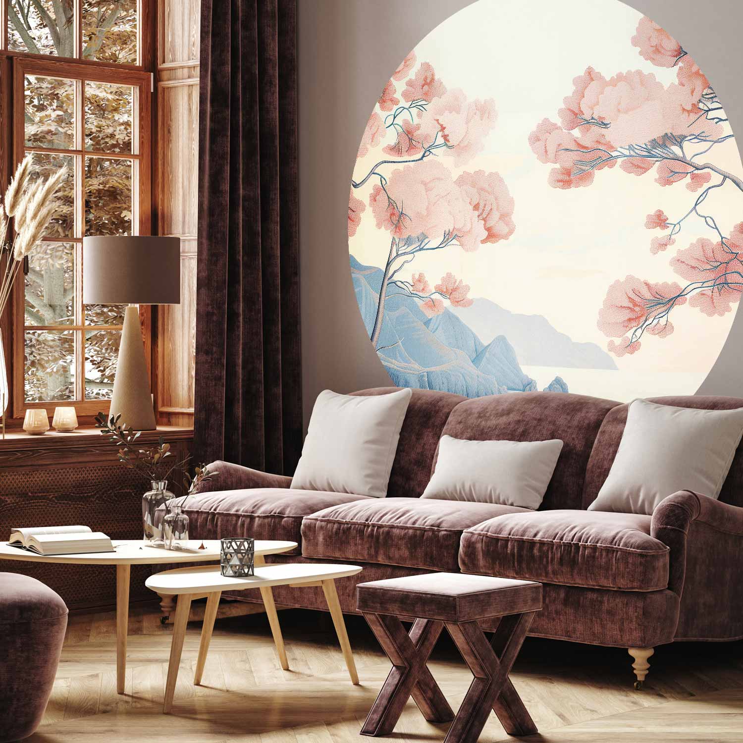 Round Wall Mural - Ocean, Cliffs And Trees, A Delicate Motif In Pastel Colours