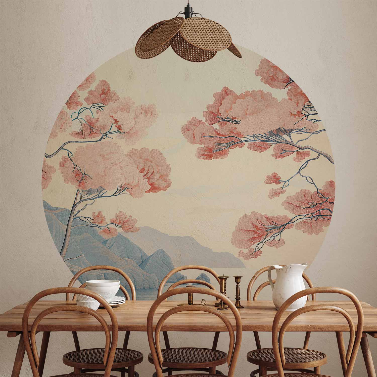 Round Wall Mural - Ocean, Cliffs And Trees, A Delicate Motif In Pastel Colours