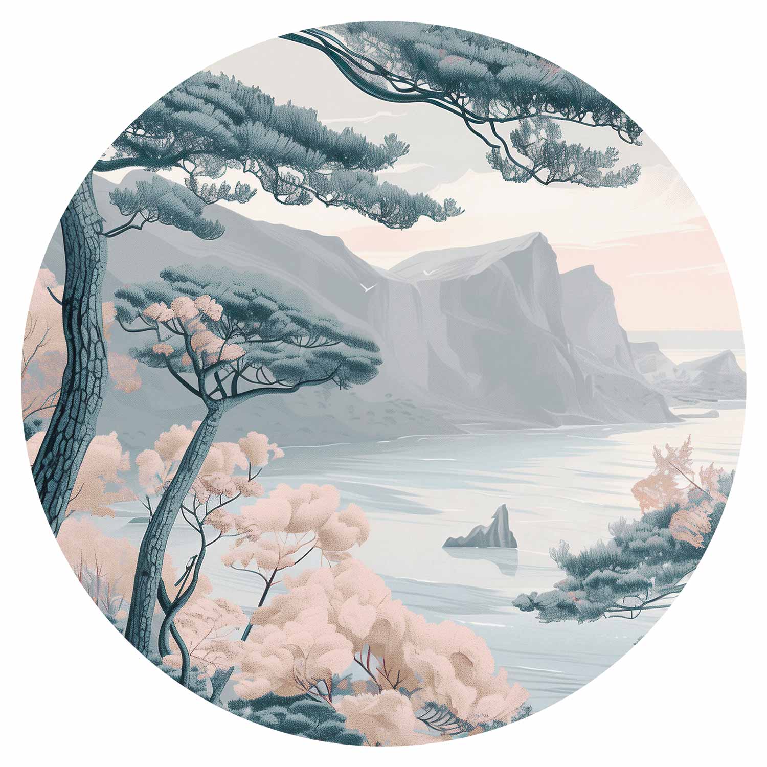 Round Wall Mural - Blue Coast In Delicate Colours