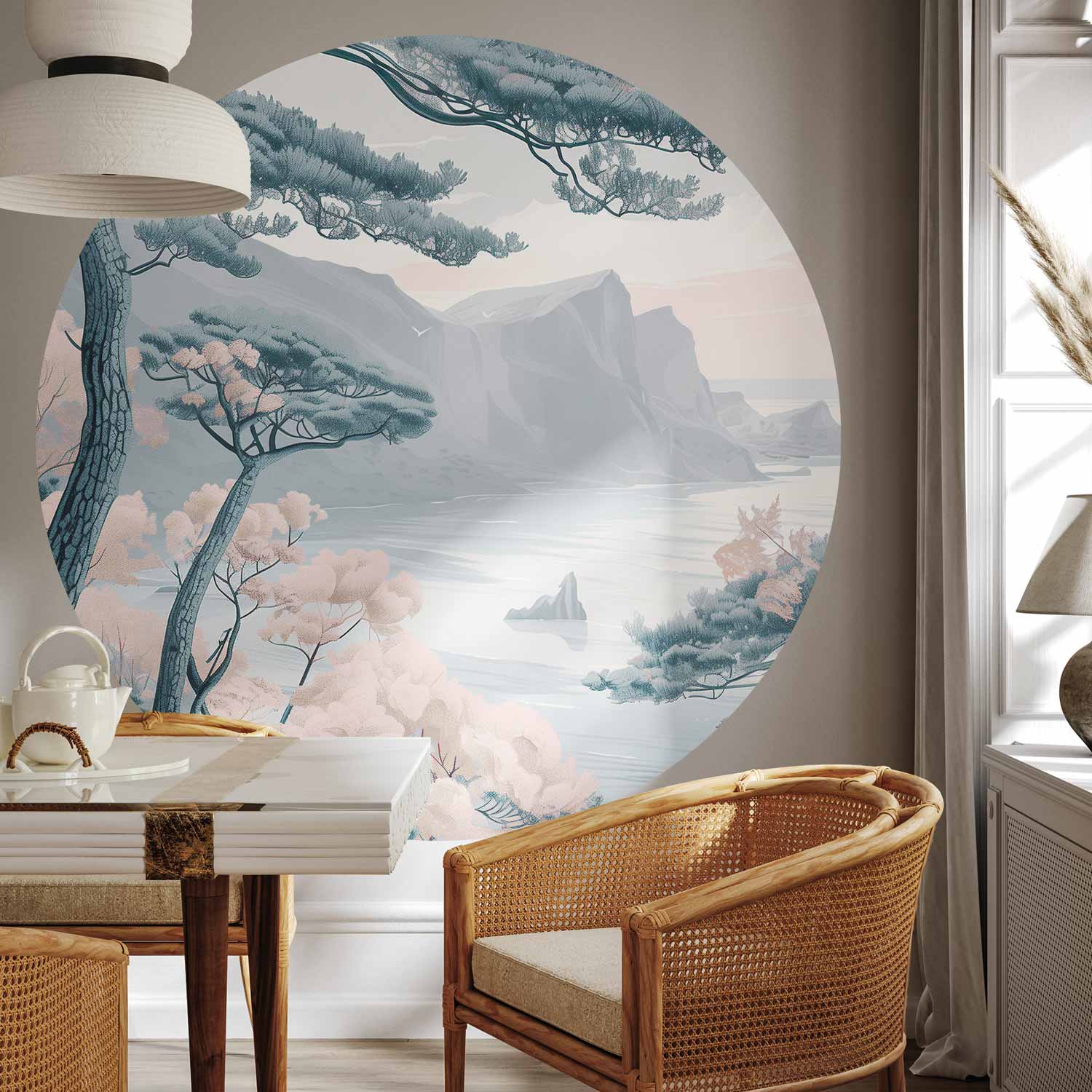 Round Wall Mural - Blue Coast In Delicate Colours