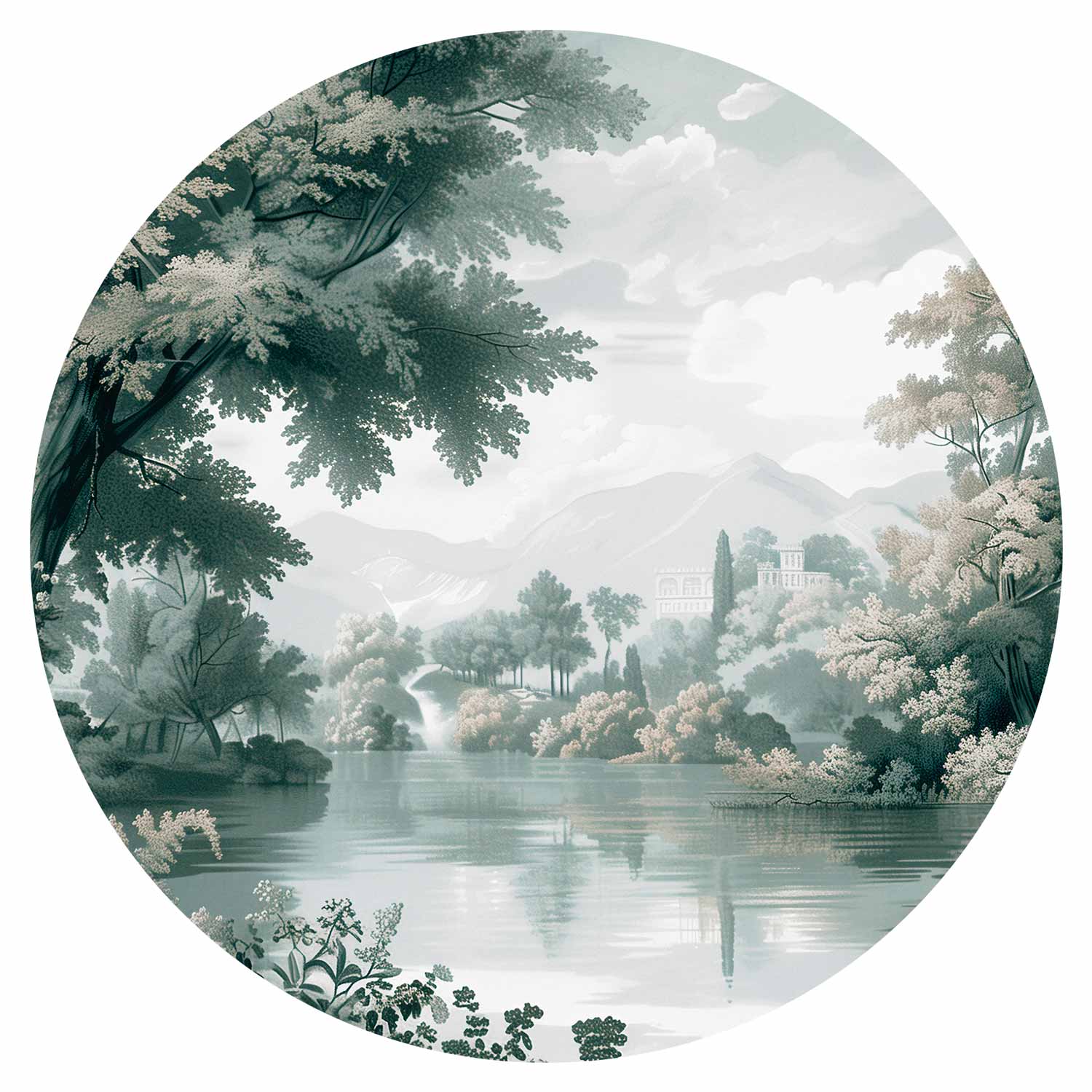 Round Wall Mural - Landscape With A Park And Lake In Retro Greens