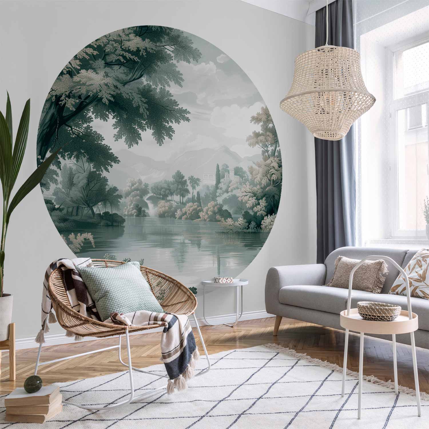 Round Wall Mural - Landscape With A Park And Lake In Retro Greens