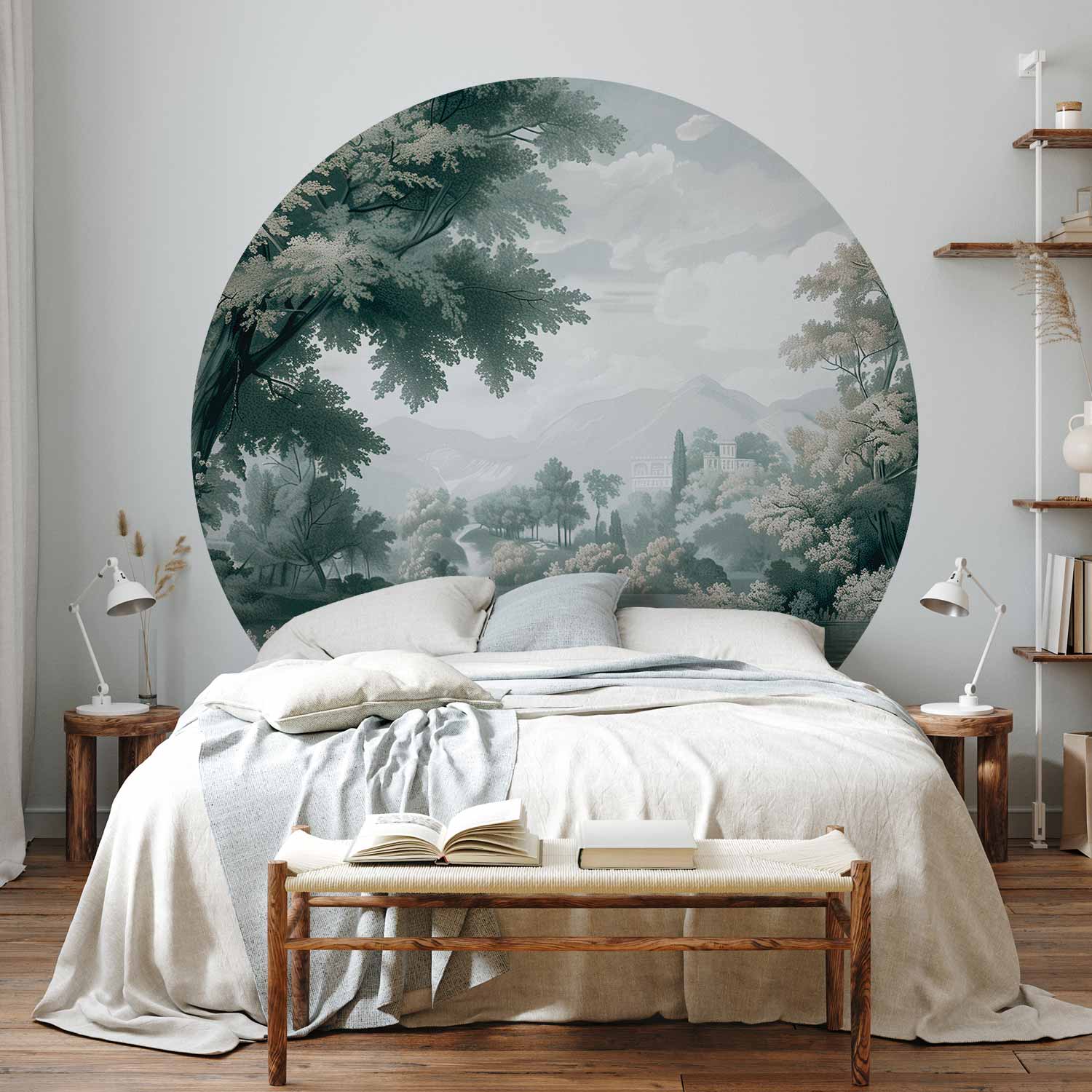 Round Wall Mural - Landscape With A Park And Lake In Retro Greens