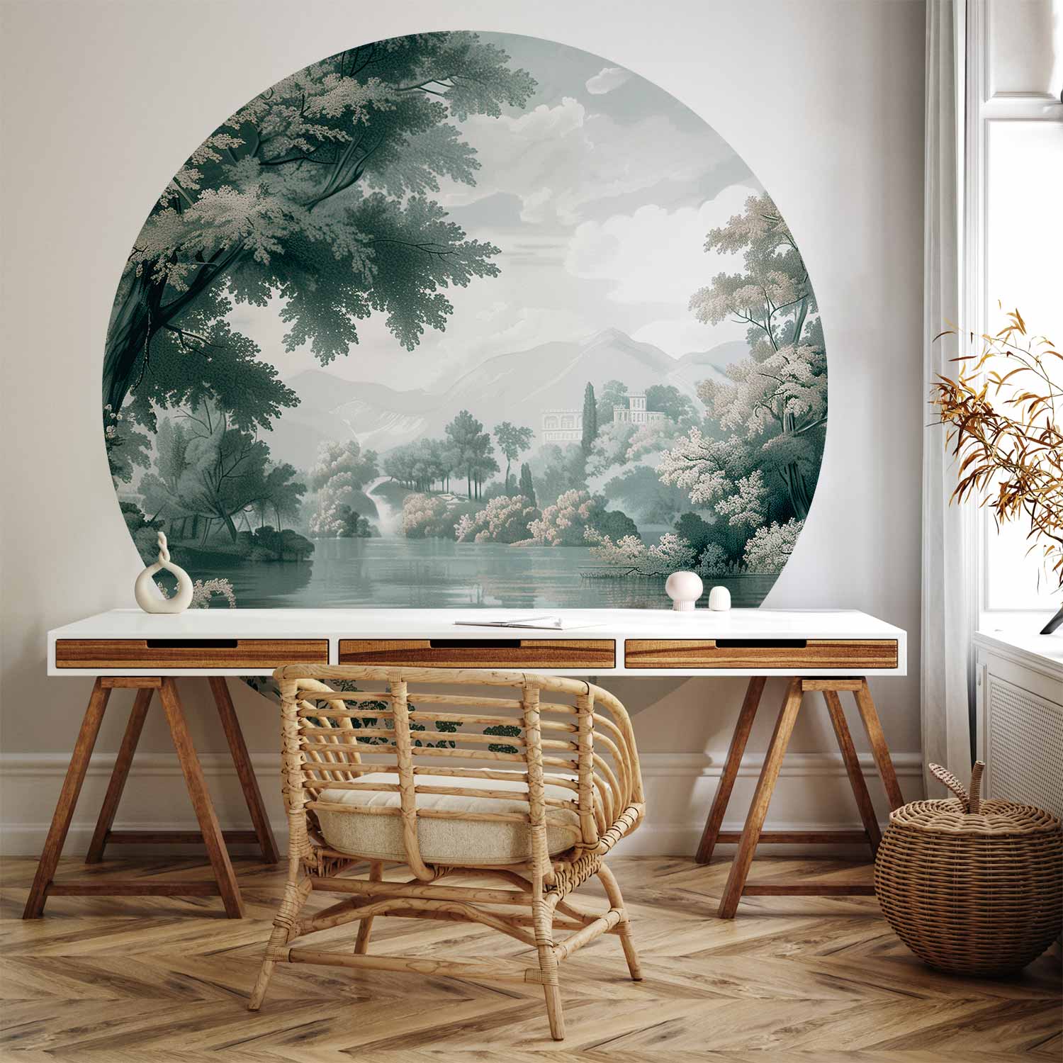 Round Wall Mural - Landscape With A Park And Lake In Retro Greens