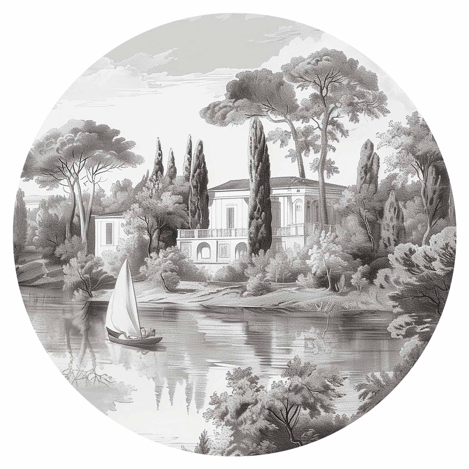 Round Wall Mural - Black And White Vintage Landscape With A Pond