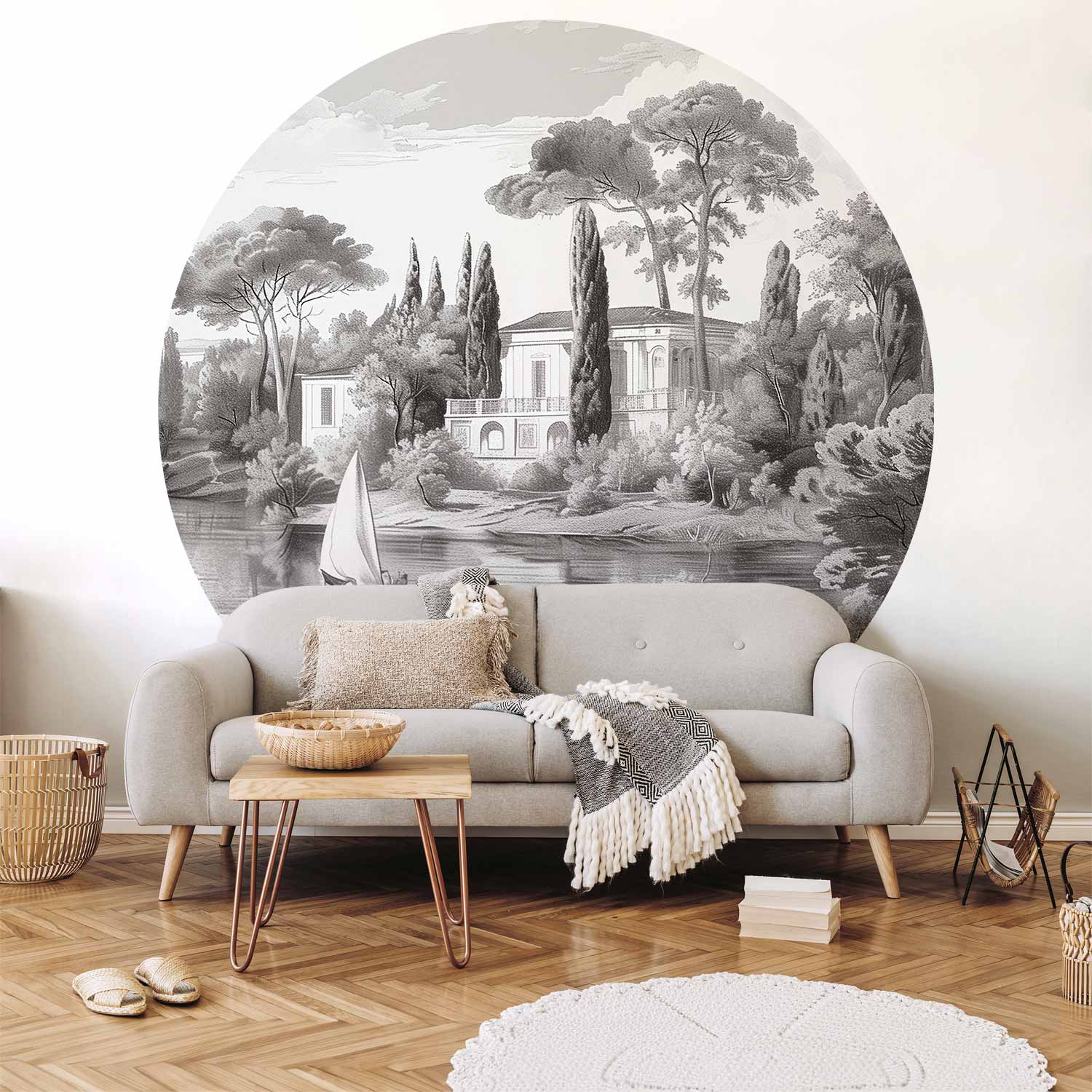 Round Wall Mural - Black And White Vintage Landscape With A Pond