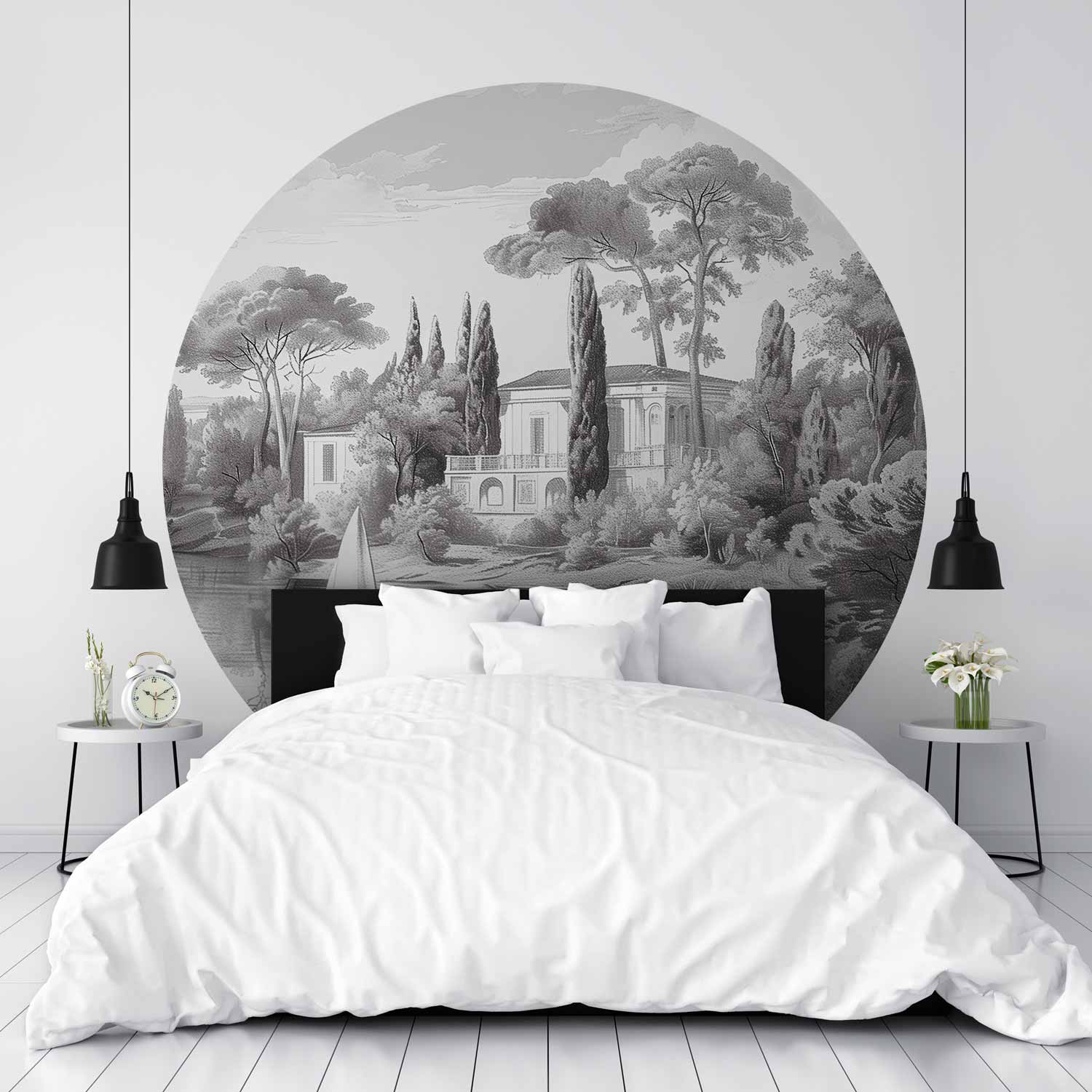Round Wall Mural - Black And White Vintage Landscape With A Pond