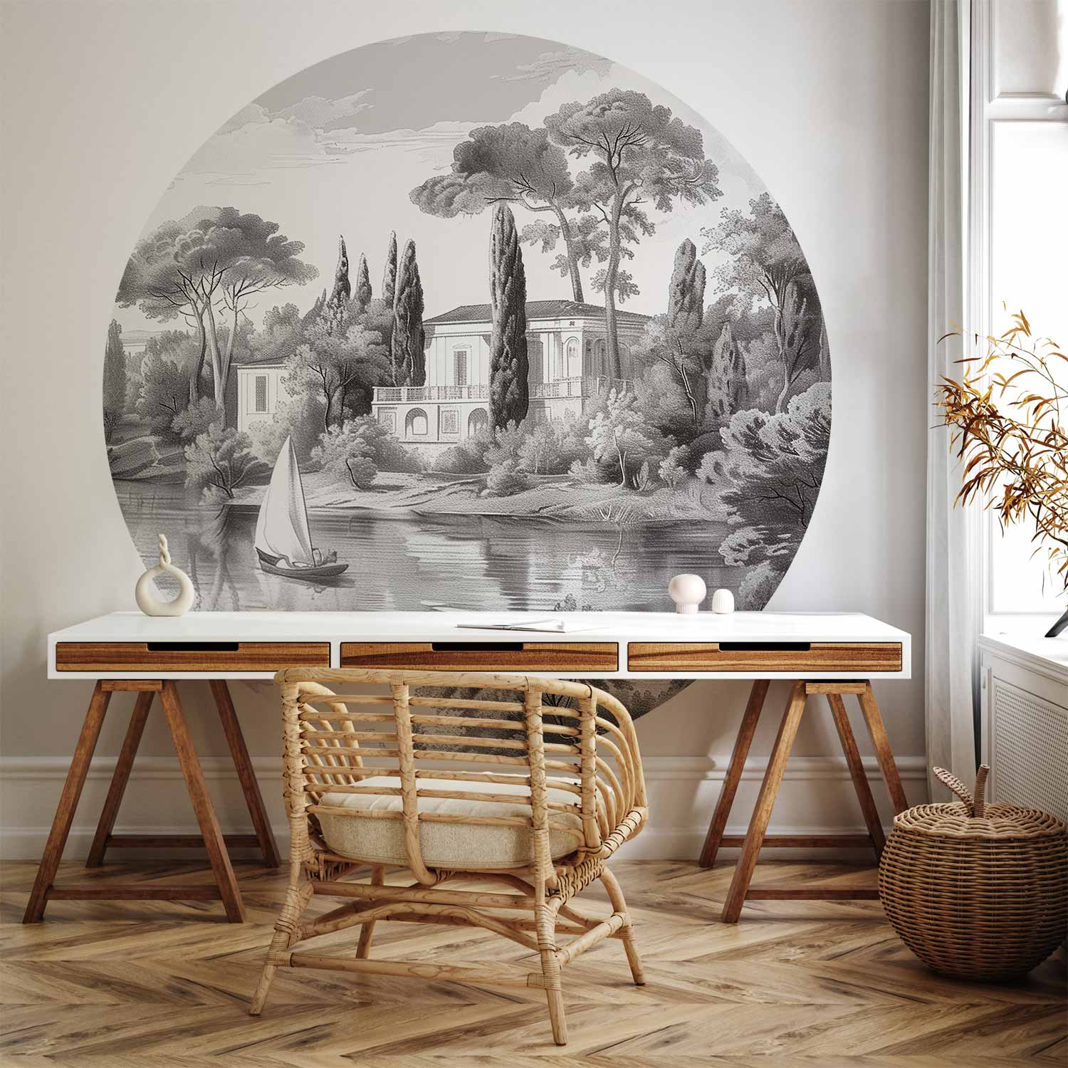 Round Wall Mural - Black And White Vintage Landscape With A Pond