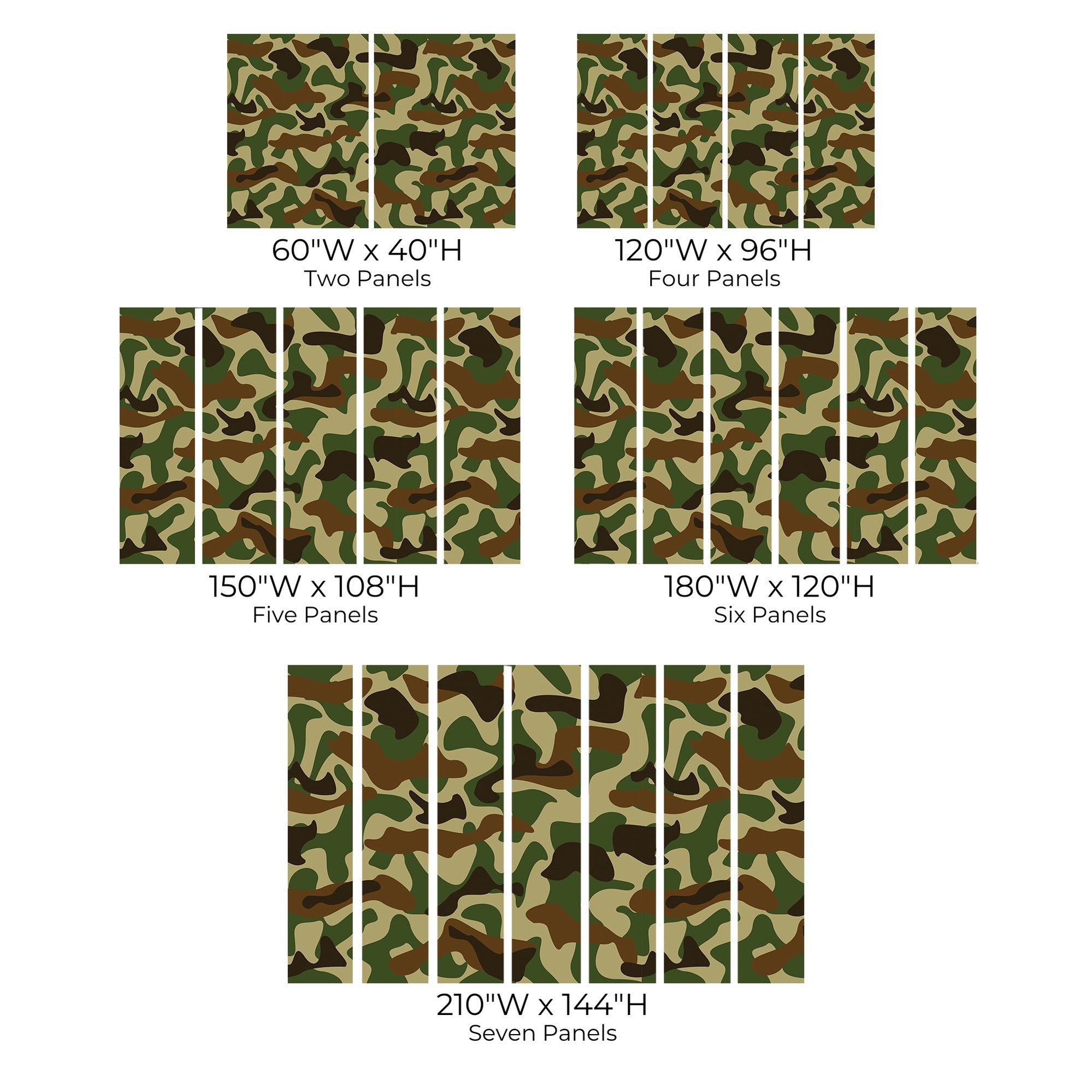 Various sizes of camouflage wall mural panels displayed against a white background with dimensions labeled