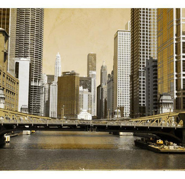 Cityscape Wallpaper Wall Mural - Chicago's Bridge Vintage Effect