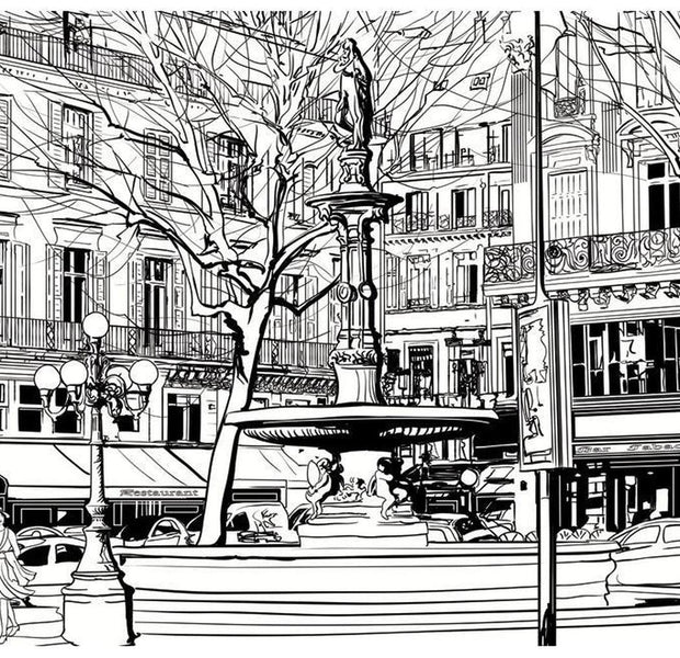 Cityscape Wallpaper Wall Mural - Sketch Of Parisian Fountain