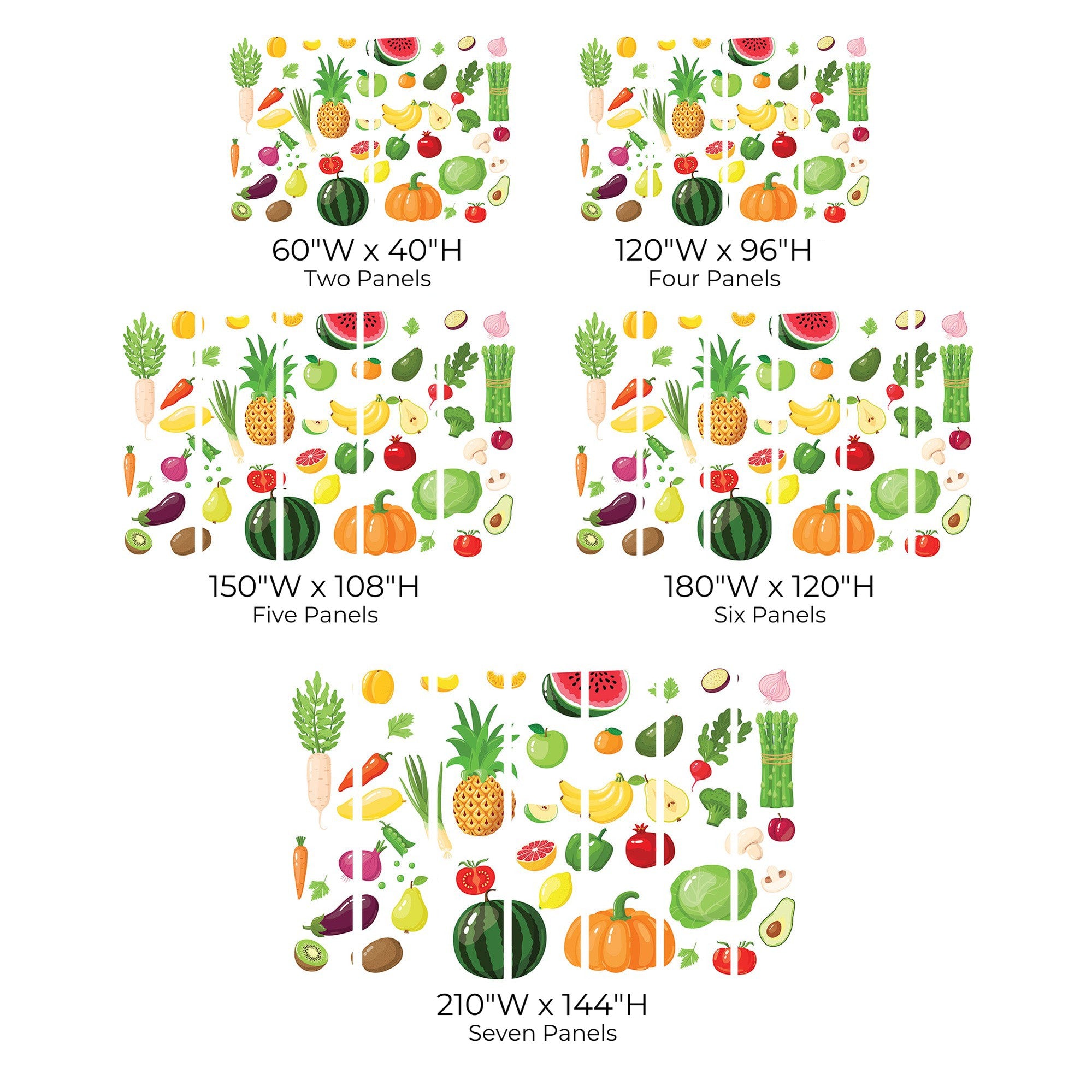 Chart showing various sizes of a colorful fruit and vegetable wall mural with different panel options.