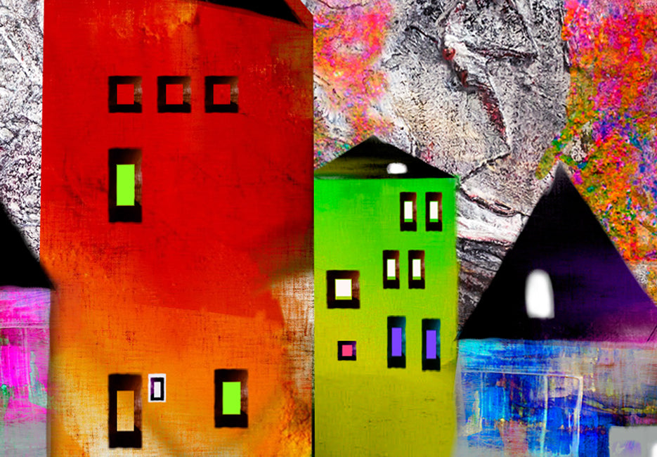 Abstract Canvas Wall Art - Colourful Small Town - 5 Pieces