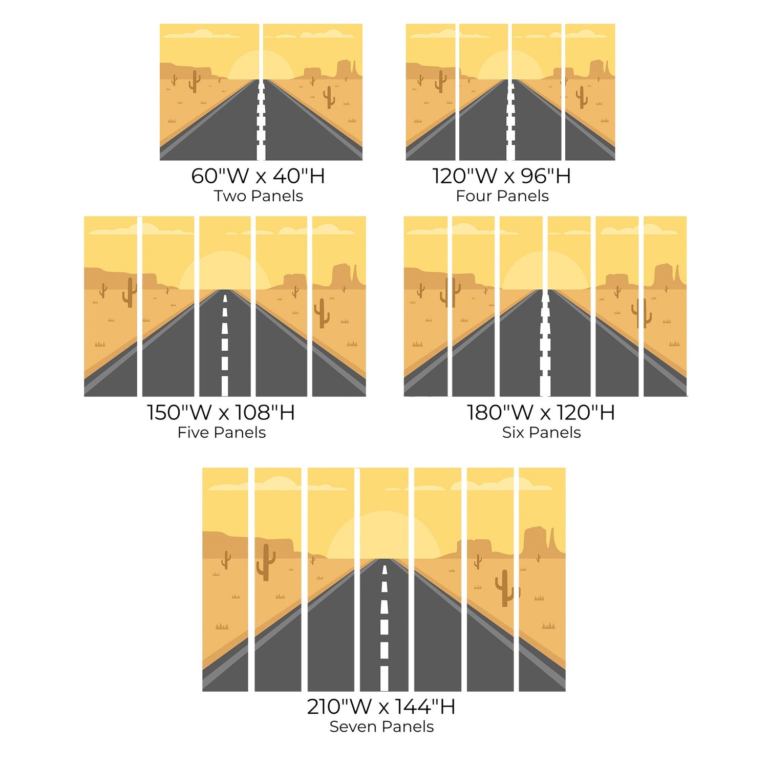 Various size options for a desert road themed wall mural displayed in two, five, six, and seven panel configurations.