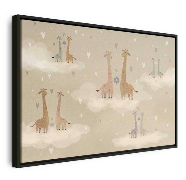 Floating Framed Canvas Art - Floating Giraffes Among Hearts and Stars
