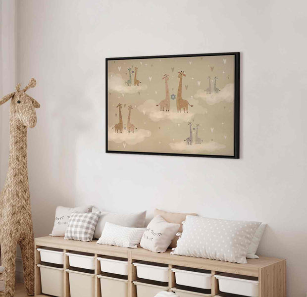 Floating Framed Canvas Art - Floating Giraffes Among Hearts and Stars