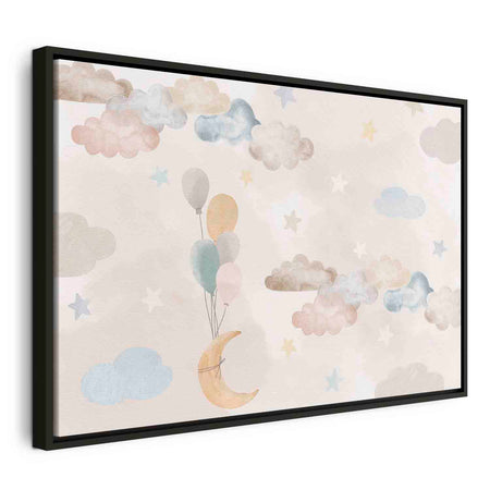 Floating Framed Canvas Art - Pastel Moon with Balloons