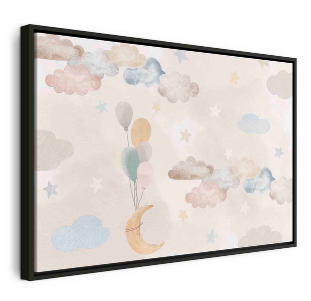 Floating Framed Canvas Art - Pastel Moon with Balloons