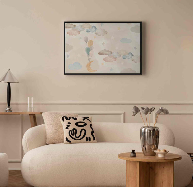 Floating Framed Canvas Art - Pastel Moon with Balloons