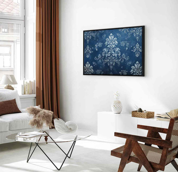 Floating Framed Canvas Art - Retro Ornament in Worn Blues