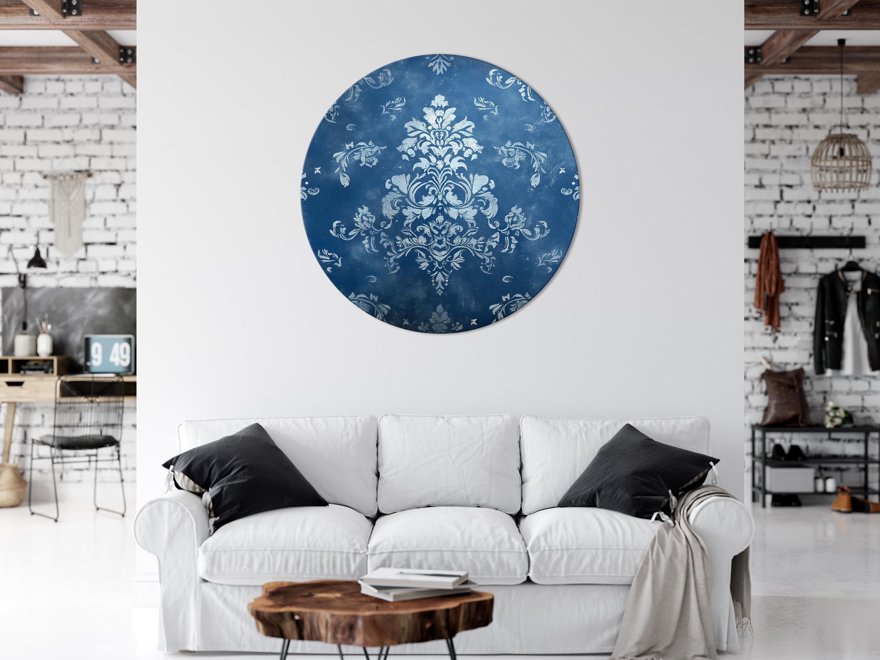 Round Canvas Print - Retro Ornament: Decorative Motif in Worn Blues