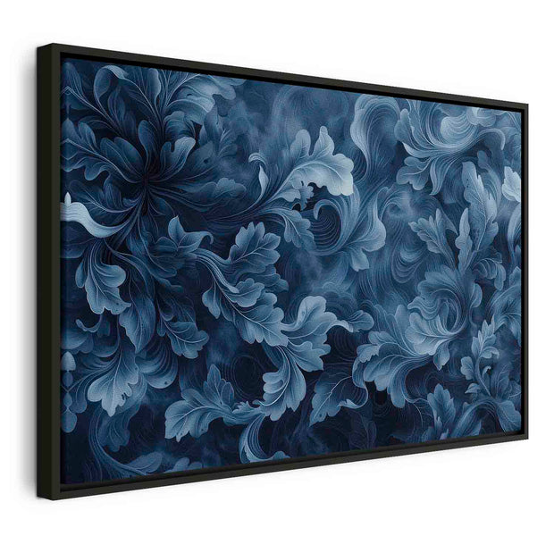 Floating Framed Canvas Art - Abstract Dark Blue Victorian Leaves