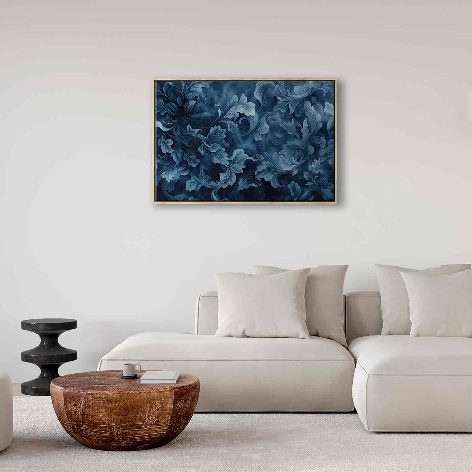 Floating Framed Canvas Art - Abstract Dark Blue Victorian Leaves