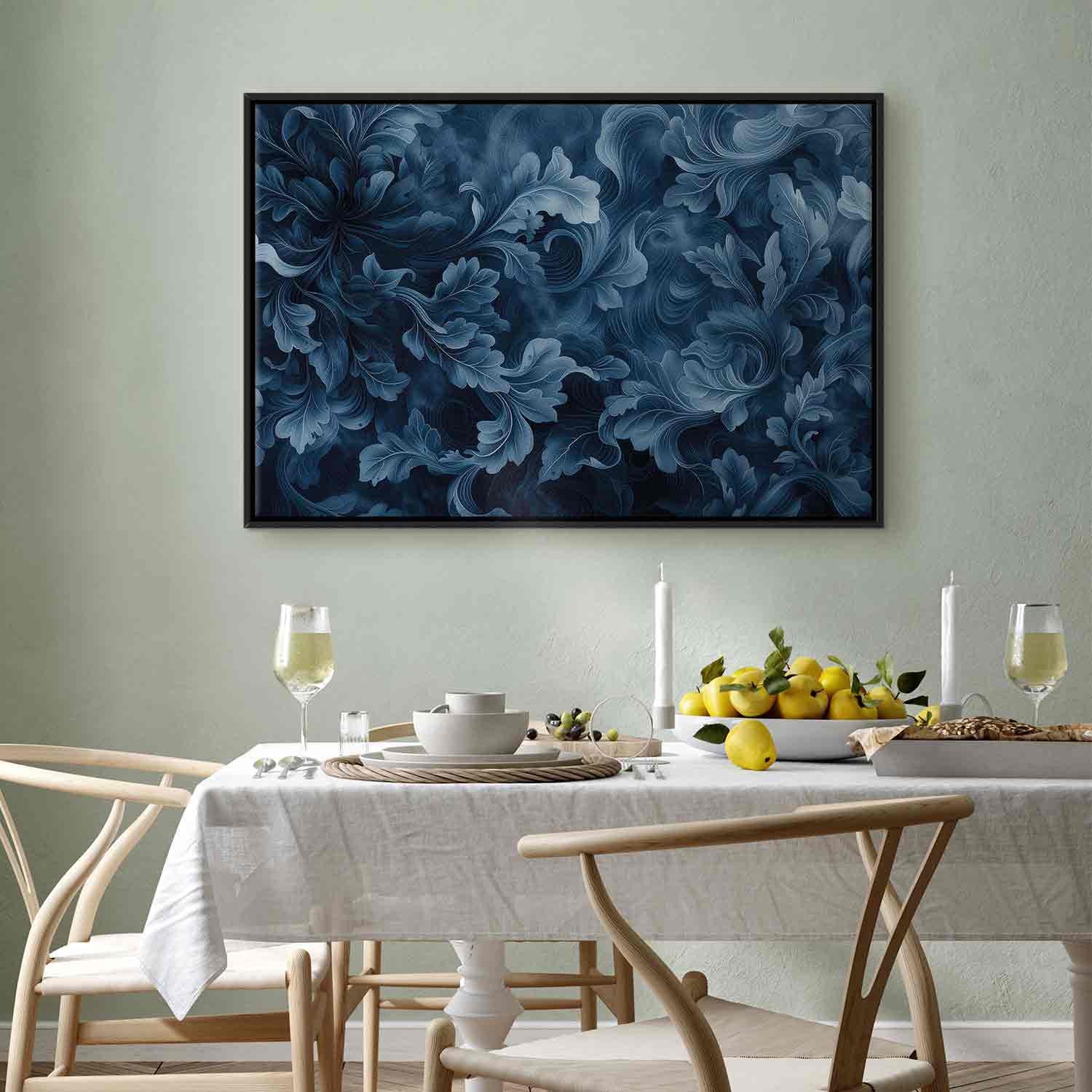 Floating Framed Canvas Art - Abstract Dark Blue Victorian Leaves